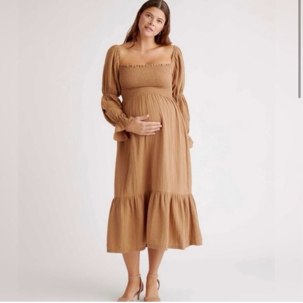 Quince Maternity Tan Cotton Smocked Puff Sleeve Tiered Maxi Dress Size Medium